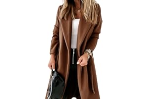 Womens Classic Coat Lapel Collar Open Front Belted Long Jacket
