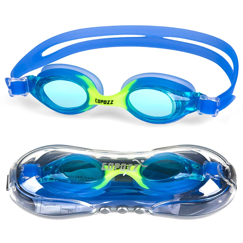 COPOZZ Kids Swimming Goggles, Swim Goggles for Children Junior Boys Girls - Age 3 4 5 6 7 8 9 10 11 12 Years - Anti Fog UV Protection No Leak - Mirror/Clear Lens - With FREE Protection Case (blue)