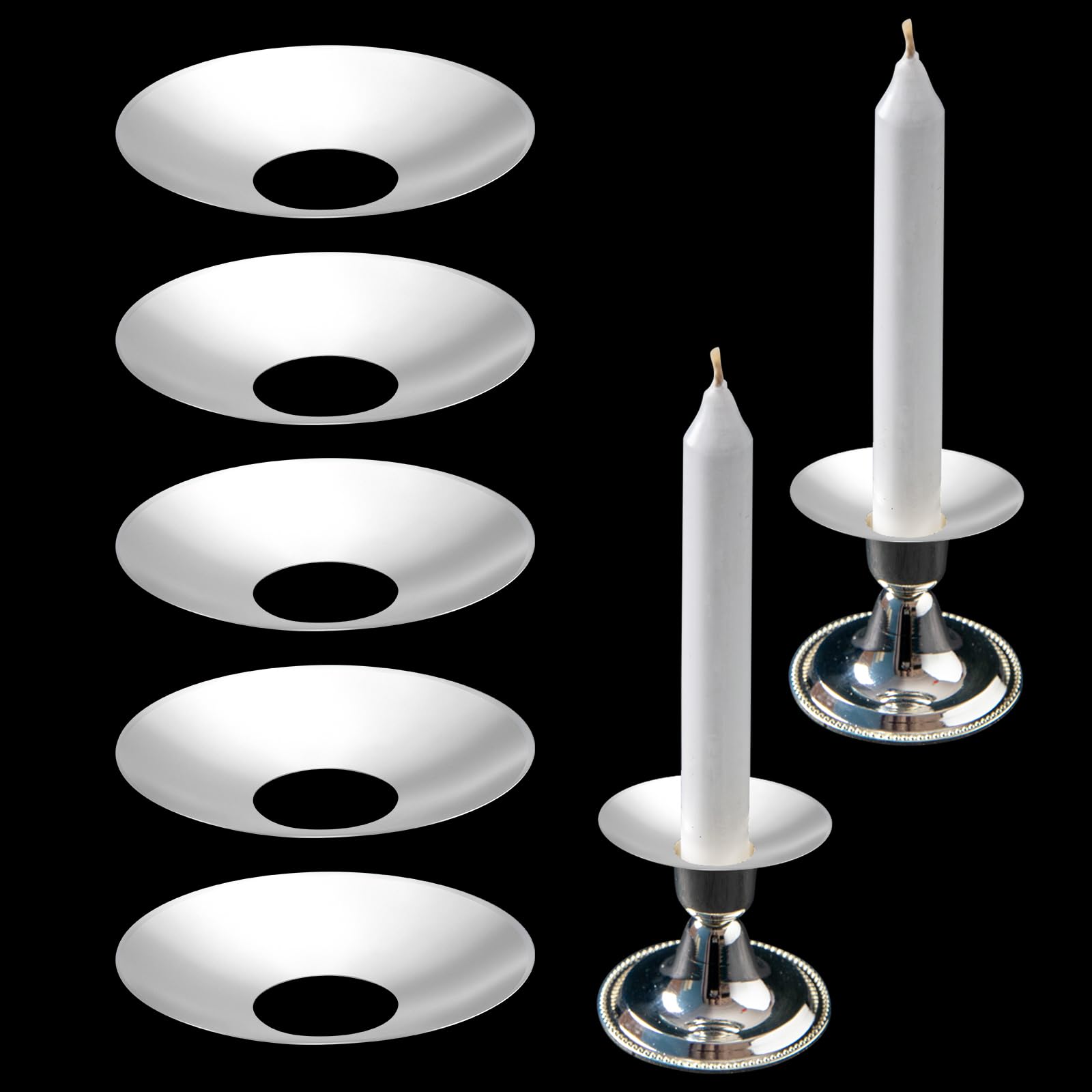 Photo 1 of 12 Pieces Metal Silver Candle Bobeches Round Candle Drip Guards Taper Candle Wax Drip Catcher Reusable Drip Protectors Candlestick Ring Holder for Wedding Holiday Party Church Home
