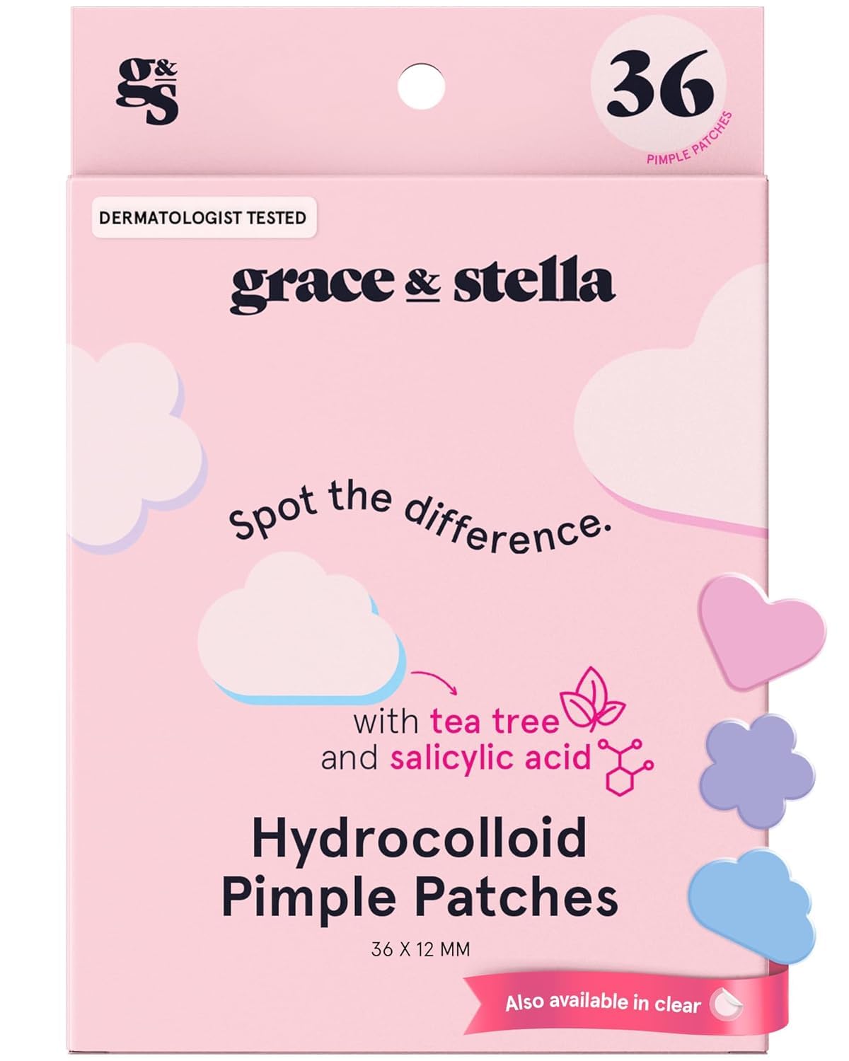 grace & stella Award Winning Pimple Patches Salicylic Acid (Multishape, 36 Count) - Dermatologist Tested Hydrocolloid Blemish Patches for Spot Treatment - Helps Protect Acne & Reduce Redness - Vegan