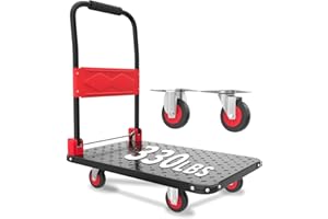 DIAMONDFORGE Foldable Platform Push Cart Dolly – 330lbs Heavy Duty Flat Bed Cart with 360° TPR Mute Wheels & Anti-Collision Strips, Easy Maneuver for Household Tasks & Moving, Black Red