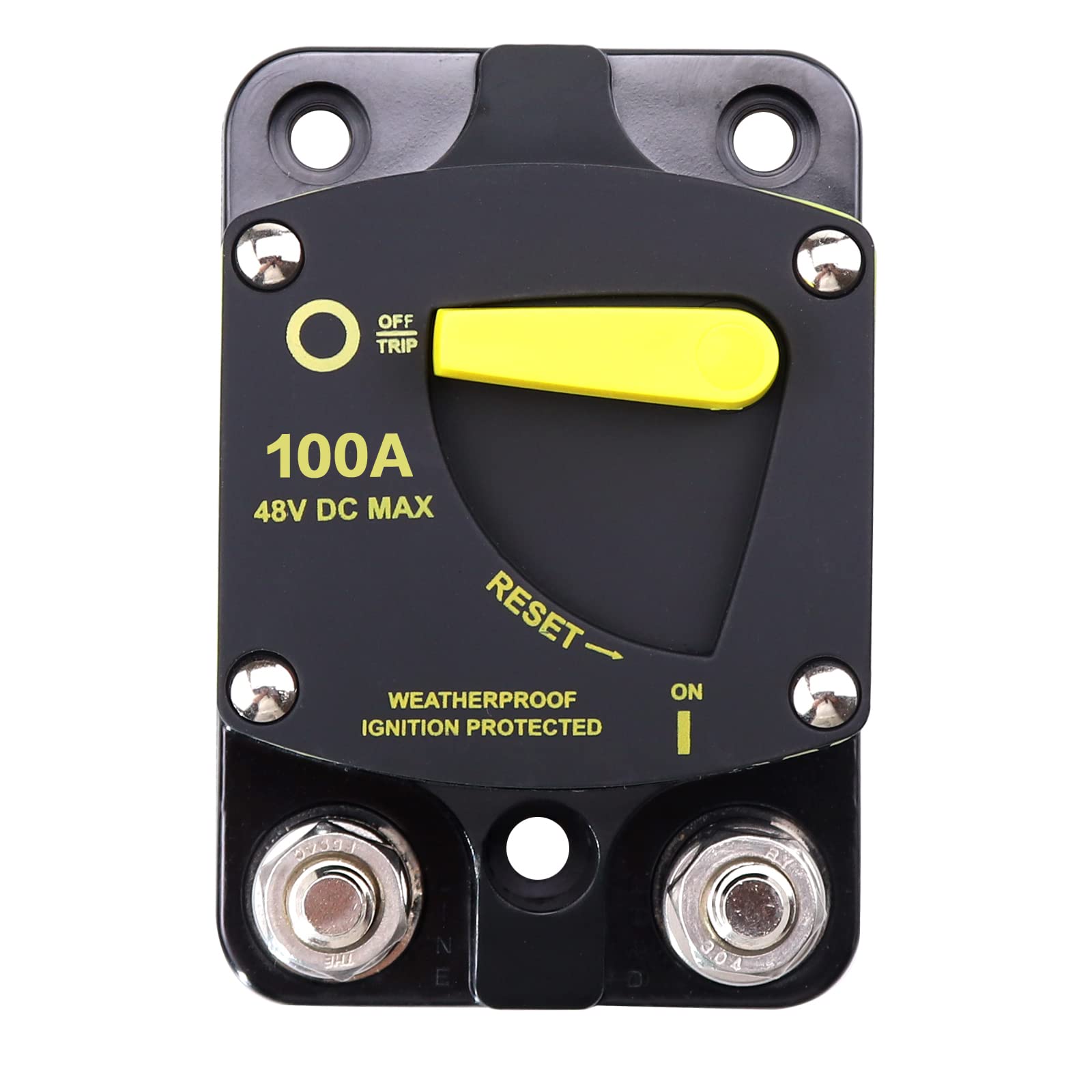 RKURCK 12V - 48V DC 100 Amp Surface Mount & Panel Mount Circuit Breakers with Yellow Manual Reset Button Waterproof 100A