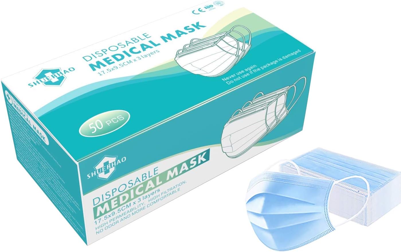 SHUERHAO Disposable 𝐌𝐀𝐒𝐊 with Earloops - 50pcs Sanitary Surgical 𝐌𝐀𝐒𝐊 Anti Dust 3-Layer Mouth 𝐌𝐀𝐒𝐊