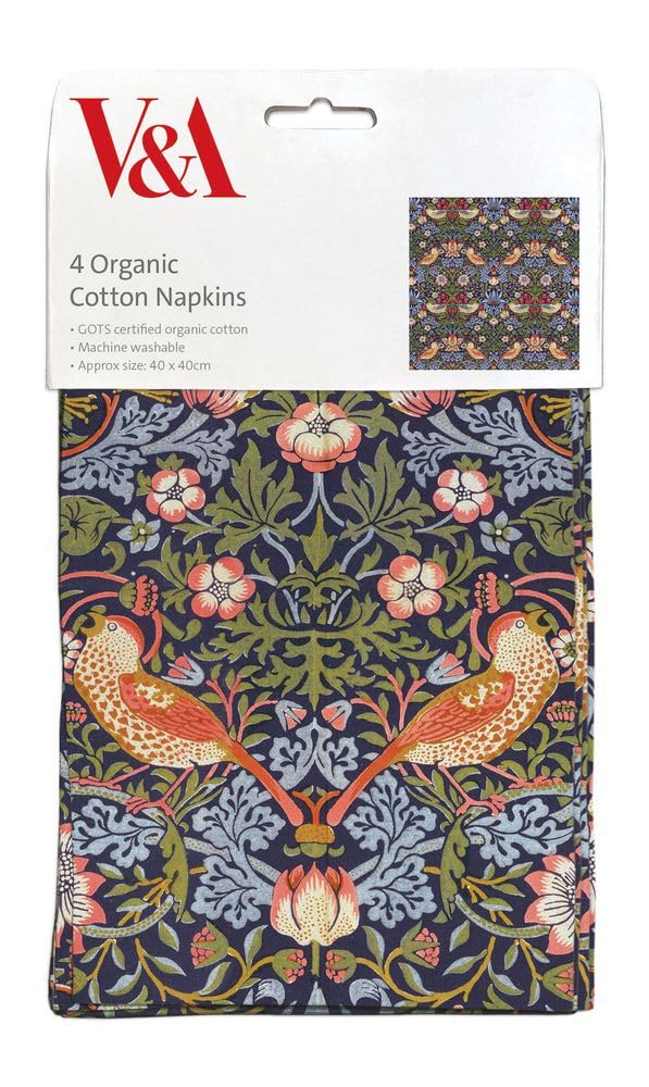 Cloth Napkins - Set of 4 - Organic Cotton - Strawberry Thief by William Morris - Artistic V&A Design - Reusable Tableware