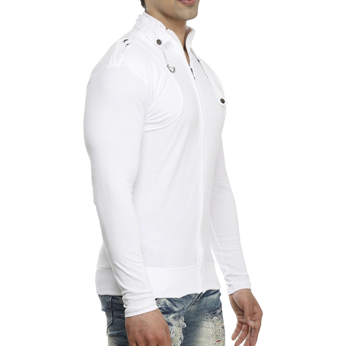 tees collection men's full zip buckle neck full sleeve white colour t-shirt