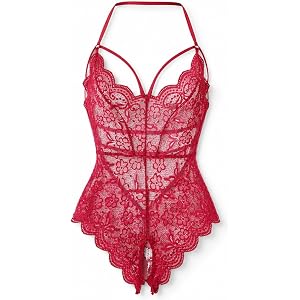 Crzxfypa Women's Sexy Lace Bodysuit,Teddy Lingerie Straps,Deep V Backless Nightgown,Polyester Elastic Fabric