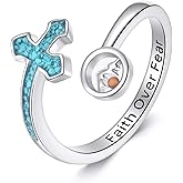 URONE Turquoise Cross Ring 925 Sterling Silver Mustard Seed Open Ring Adjustable Faith Jewelry Gifts for Women