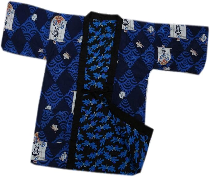 Amazon 半天 袢纏 はんてん メンズ 男性用 和柄 リバーシブル 綿入 濃紺色地菱青海波宝舟 フリー ちゃんちゃんこ はんてん 通販