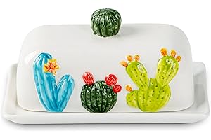 DGUDGU Cactus Butter Dish With Lid For Countertop Succulent Butter Dish With Cover Ceramic Butter Container Green Butterdish Cute Beautiful Desert Decoration
