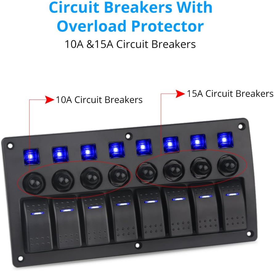 WATERWICH Marine Boat Car 8 Gang ON-Off Ignition 3 Pin Waterproof Toggle Rocker Switch Panel 12V/24V Circuit Breaker Blue LED Indicator for RV Vehicle Truck Trailer Yacht ATV (8 Gang Blue): Automotive