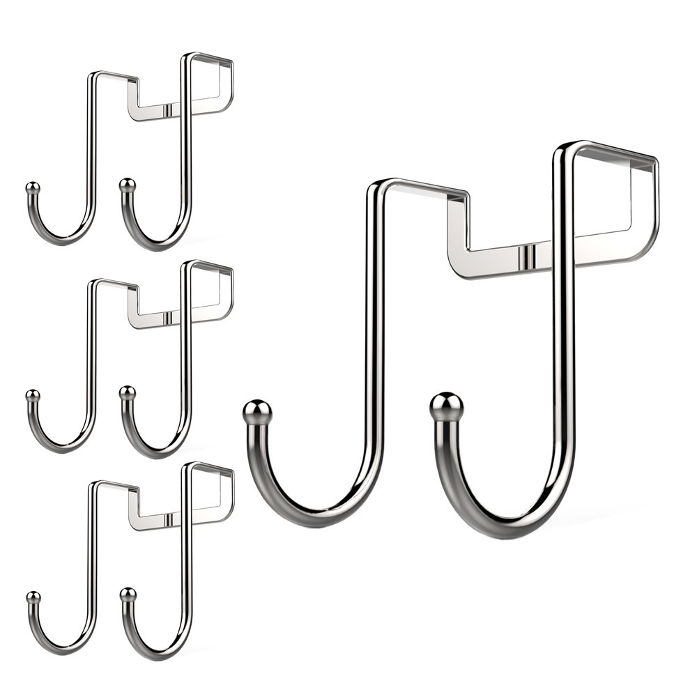 poeland 1kuan Over Cabinet Drawer Double Hooks 304 Stainless Steel Multiple Use Narrow Door Hook for Kitchen, Bathroom, Drawer, Cabinet Door to Hang Bags, Towels, Coat More Pack of 4