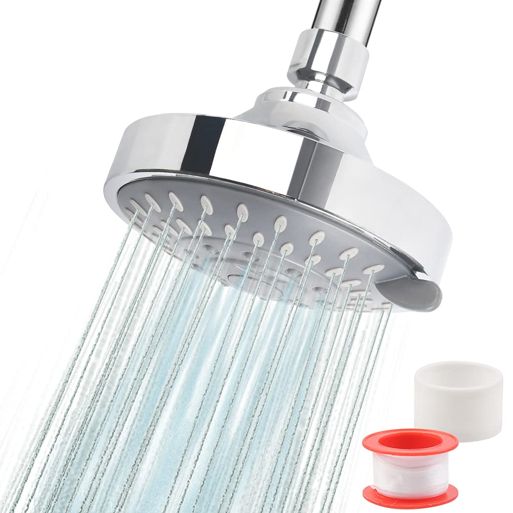 CENBEN 4inch Shower Head Rainfall High Pressure Fixed Shower Heads, 5 Spray Settings with Adjustable Metal Swivel Ball Joint, Round Replacement Overhead Rainfall Shower Heads for Home Hotel Bathroom