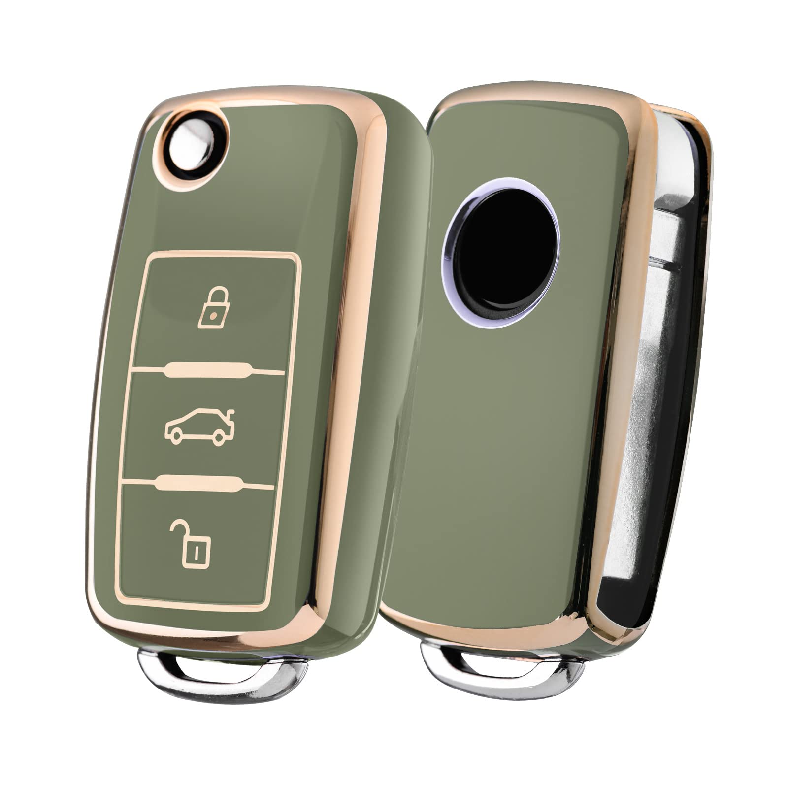 Car Key Cover for VW Golf 3 Key Box/Key Case Cover for VW Polo, Passat, Skoda, Seat, 3 Buttons (Green, Golden Edge)