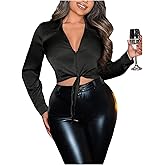 SOLY HUX Women's Satin Crop Blouse Collared V Neck Long Sleeve Shirts Sexy Cropped Tops