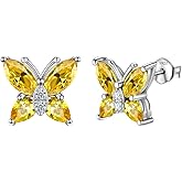 Butterfly Birthstone Stud Earrings - Women 925 Sterling Silver Butterflies Birthstone Stud Earrings Birthday Gift for Women