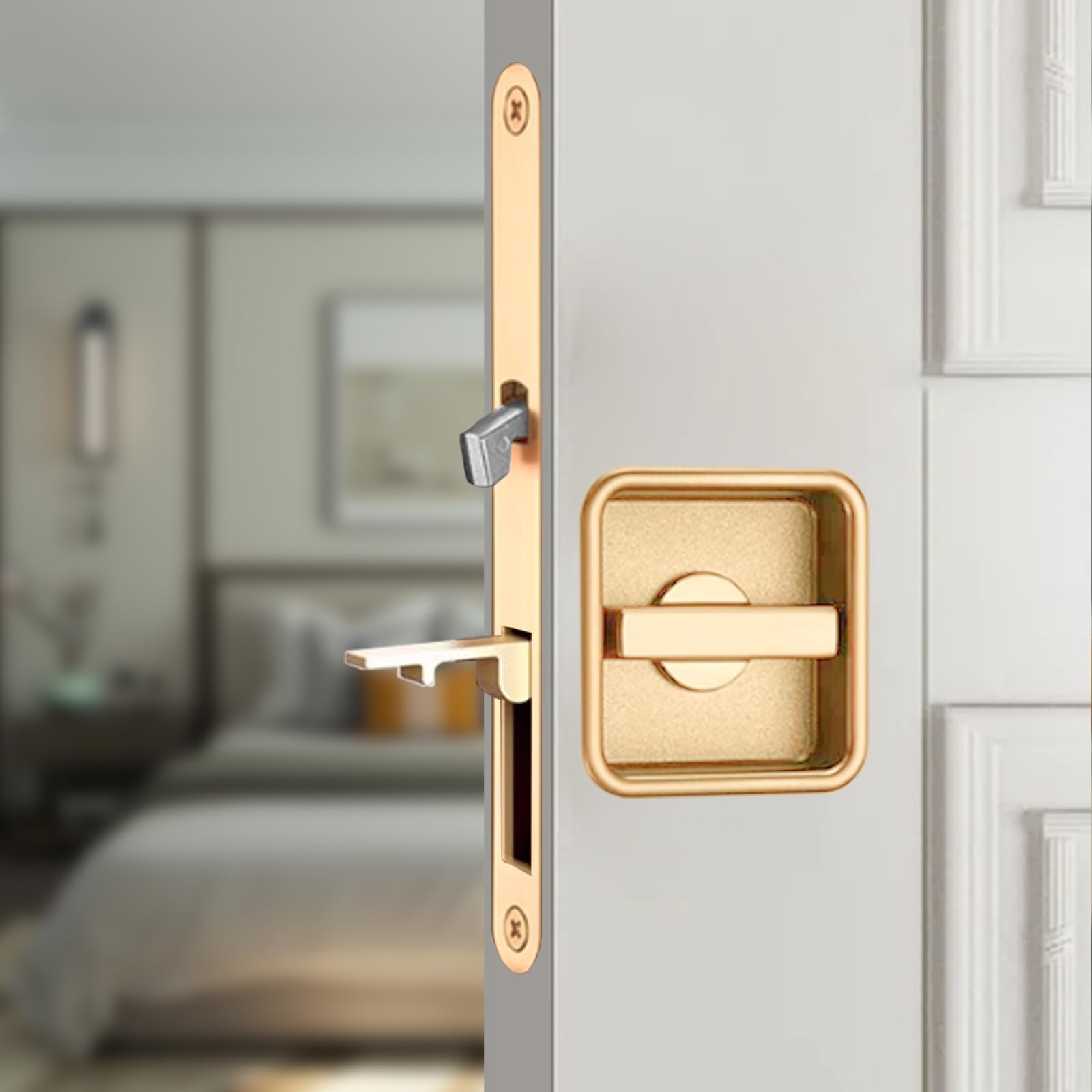 Photo 1 of ***See Notes***Pocket Door Lock Hardware Set - Privacy Handle with Hidden Pull & Recessed Latch, Fit for 1 9/16" to 2" The Thick of Wooden Doors (Square Gold)