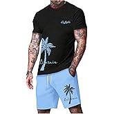 BEAUDRM Men's 2 Pieces Outfit Short Sleeve Hawaiian Print Tee and Graphic Drawstring Waist Shorts Sets