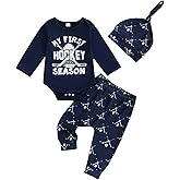 Nibbcoa Newborn Fall Winter Outfit Funny Letters Print Baby Onesie and Pants Hat Set Cute Hockey Outfit Baby Boy 0-18M