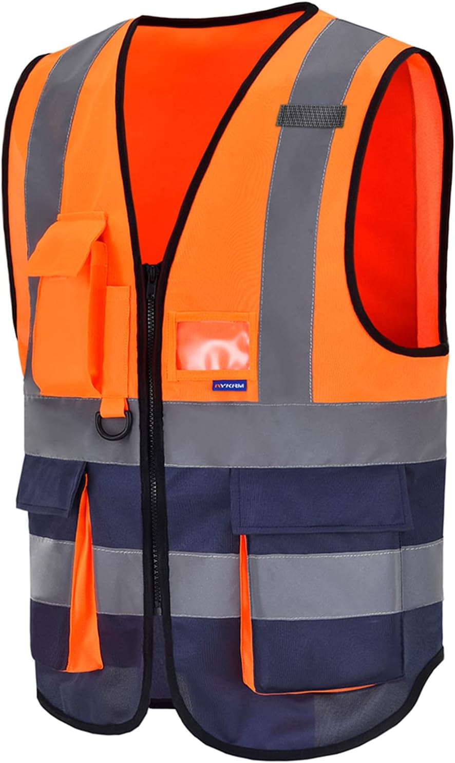 AYKRM Orange Navy Hi Vis Vest with Pockets Zipper Front High Visibility