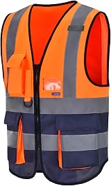 AYKRM Orange Navy Hi Vis Vest with Pockets Zipper Front High Visibility