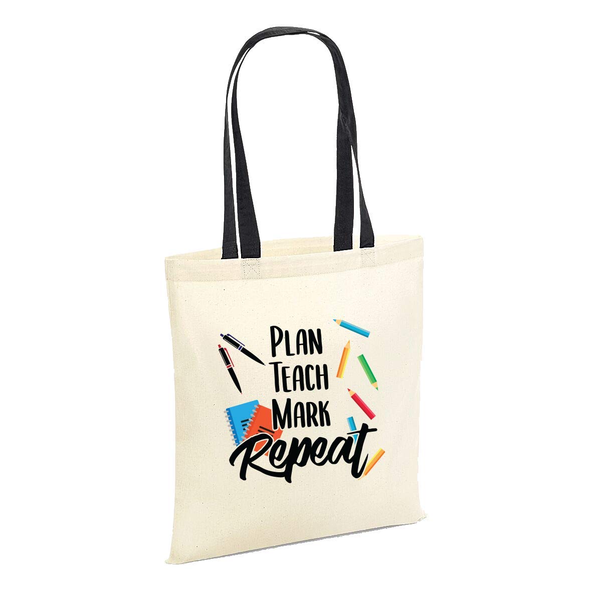 Plan, Teach, Mark, Repeat Tote Bag - Teacher Leaving Gift Professor School Student Learning Education (Natural - Black Handle)