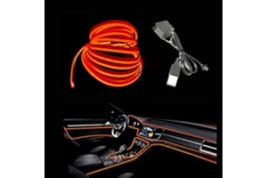 Maxlaxer El Wire Orange Interior Car LED Strip Lights, 3M Neon Wire USB 5V with Fuse Protection for Automotive Car Interior Decoration with 6mm Sewing Edge