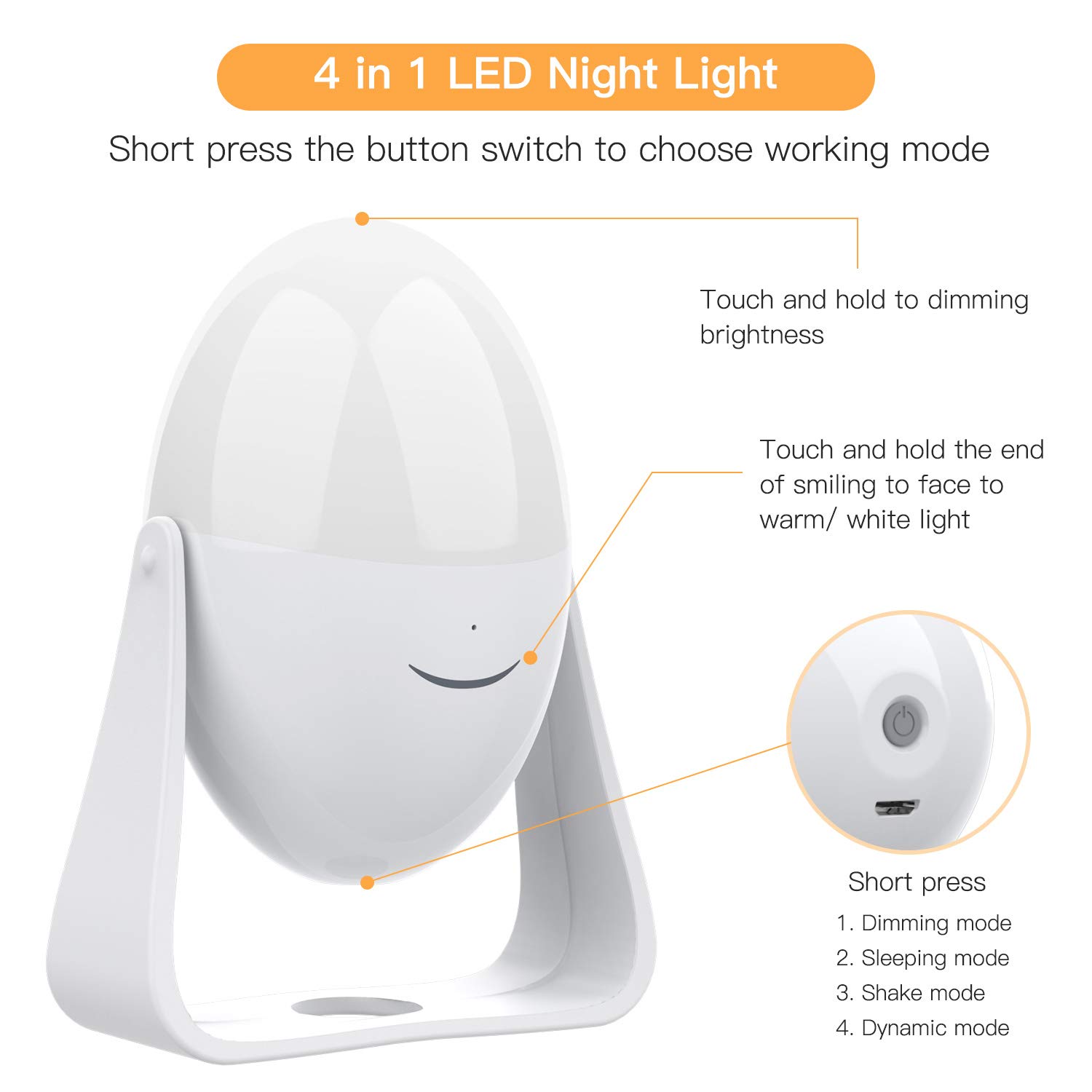 Veilleuse Enfant, Lampe de Chevet Rechargeable, Veilleuse Bébé LED, Contrôle Tactile, Rotation à 360 °, Support Amovible, 7 Changement de Couleur, 3 Luminosité Ajustables Douce pour des Yeux Tikitaka