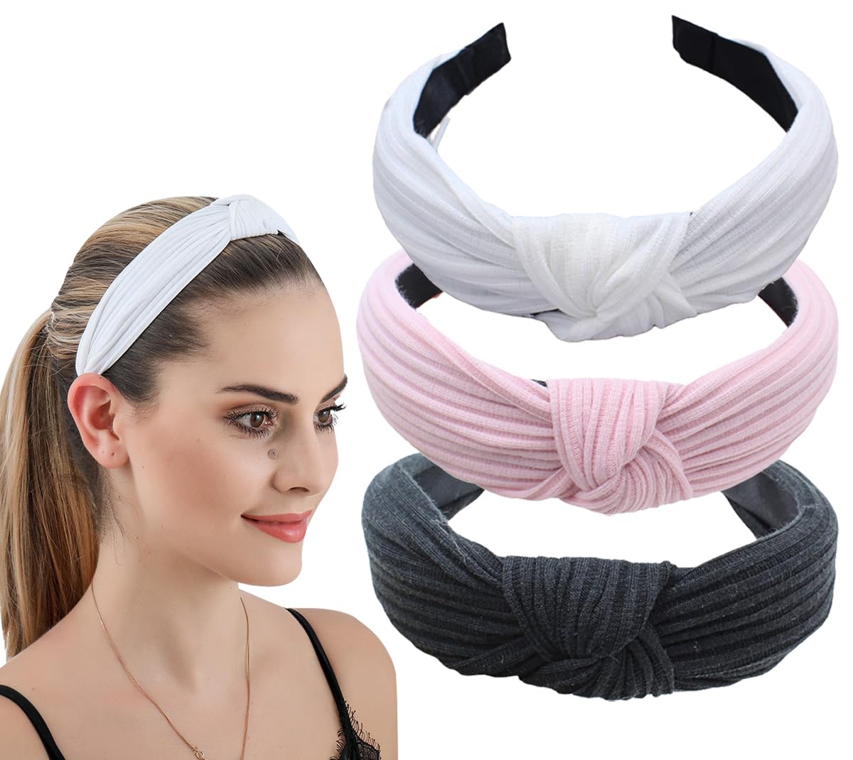 scicent Alice Bands Adult Women 3 Pcs Non Slip Wide Headband Fashion Top Knot Hairband for Black White Pink Head Band Hair Accessories 1811 — image 1