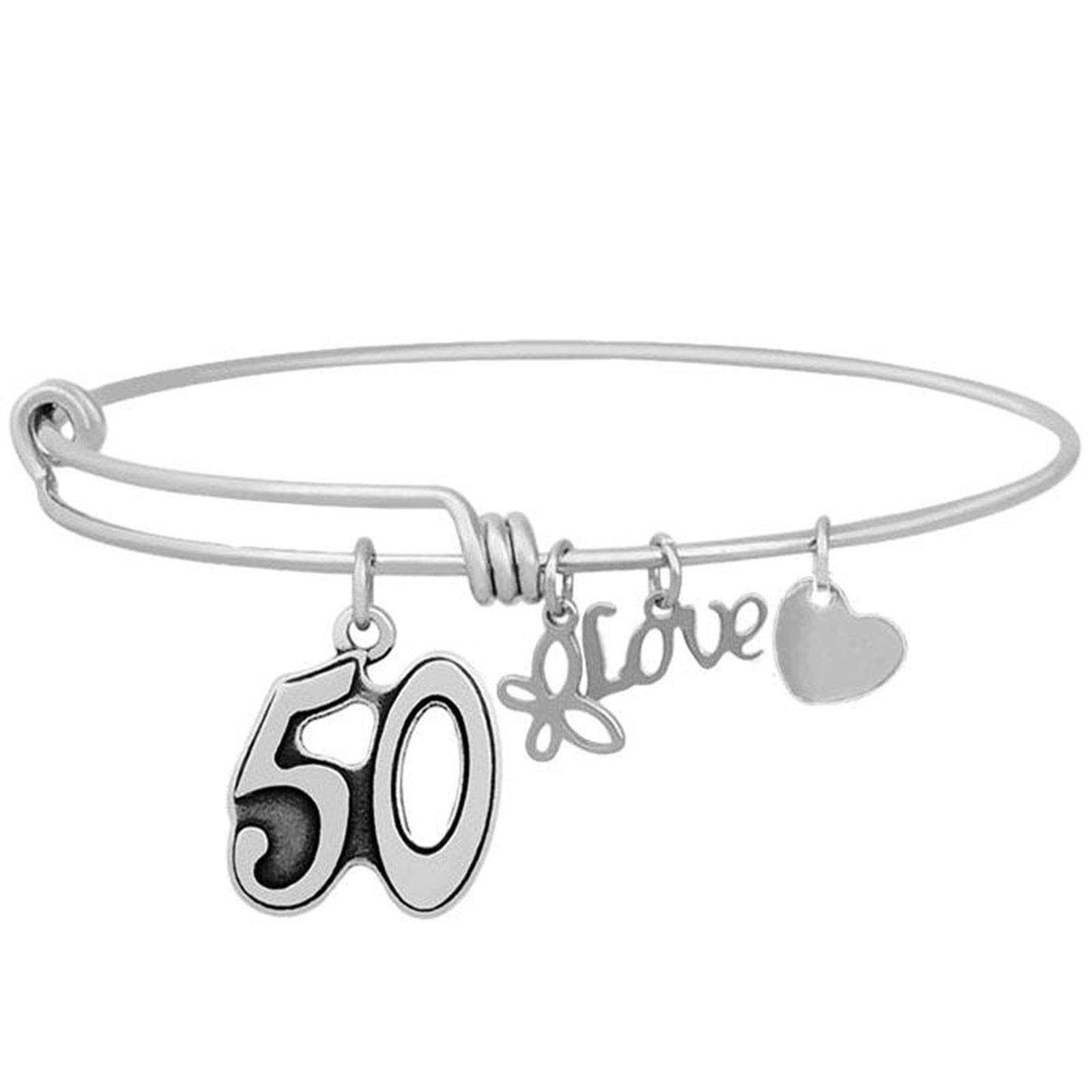 Charm Buddy Birthday Gifts for Her Stainless Steel Adjustable Bangle Bracelets for 16th 18th 21st 30th 40th 50th 60th Gift Box Set (6. 50th Birthday)