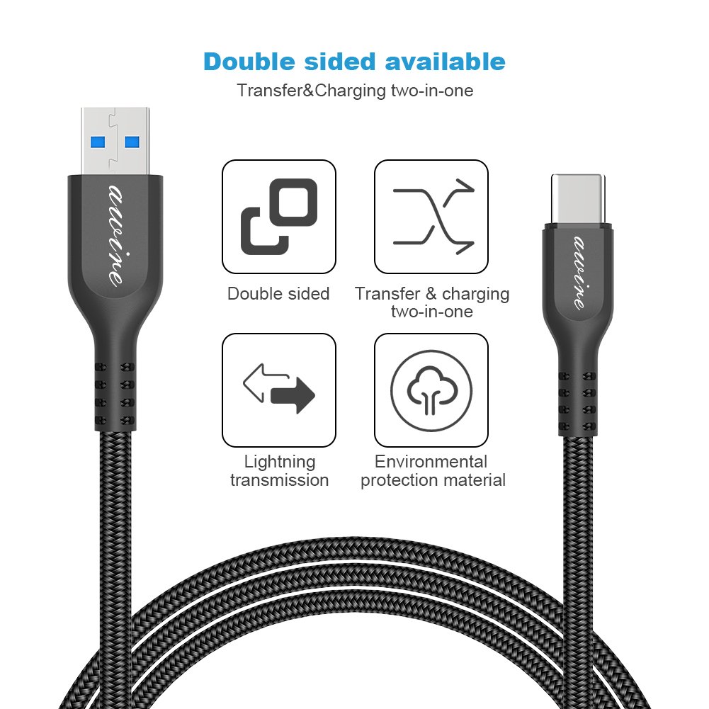 USB Type C Cable,Awire USB-C to USB 3.0 Nylon Braided Fast Charger Cord(3.3ft) for Galaxy S8 S8 Plus,Nexus 5X 6P,LG G6 V20 G5,Lumia 950 950XL,HTC 10,ZTE Zmax Pro,MacBook,Nintendo Switch (Black)