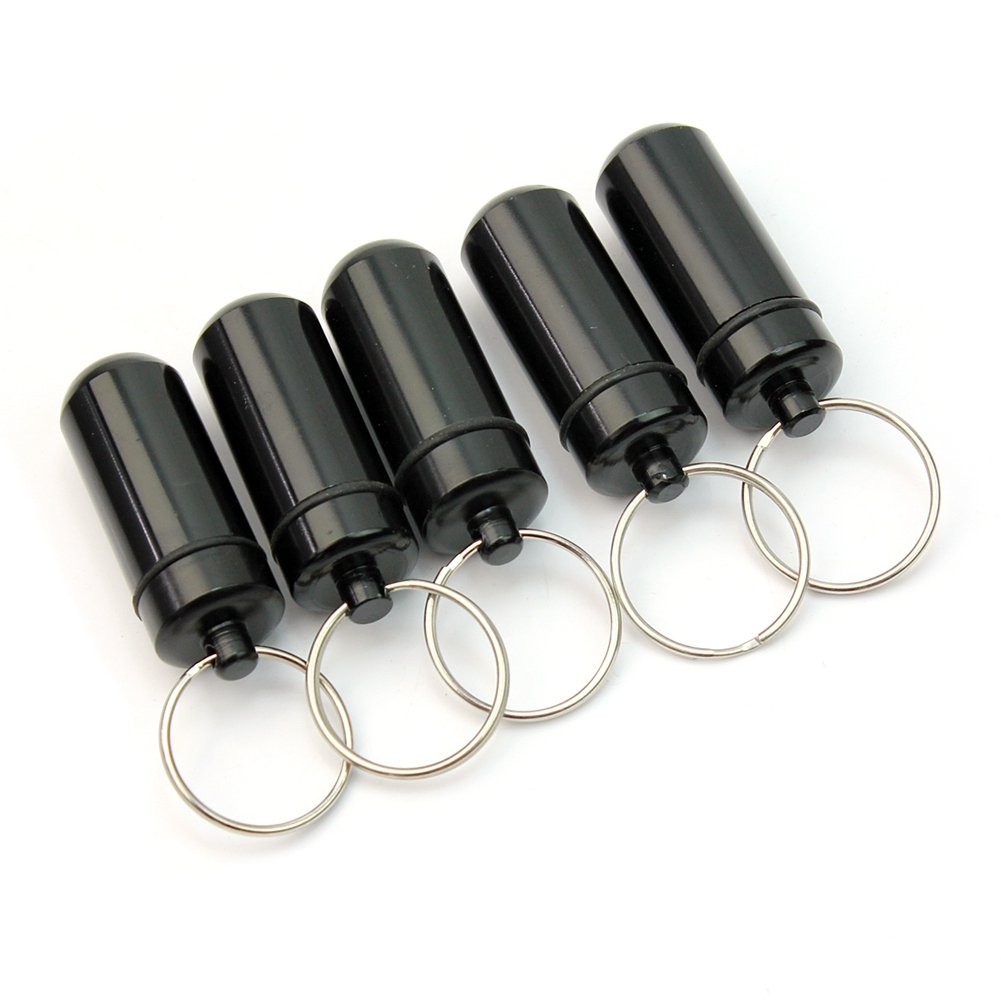 New 5 Pcs Black Waterproof Aluminum Pill Box Case Drug Holder Keychain Container