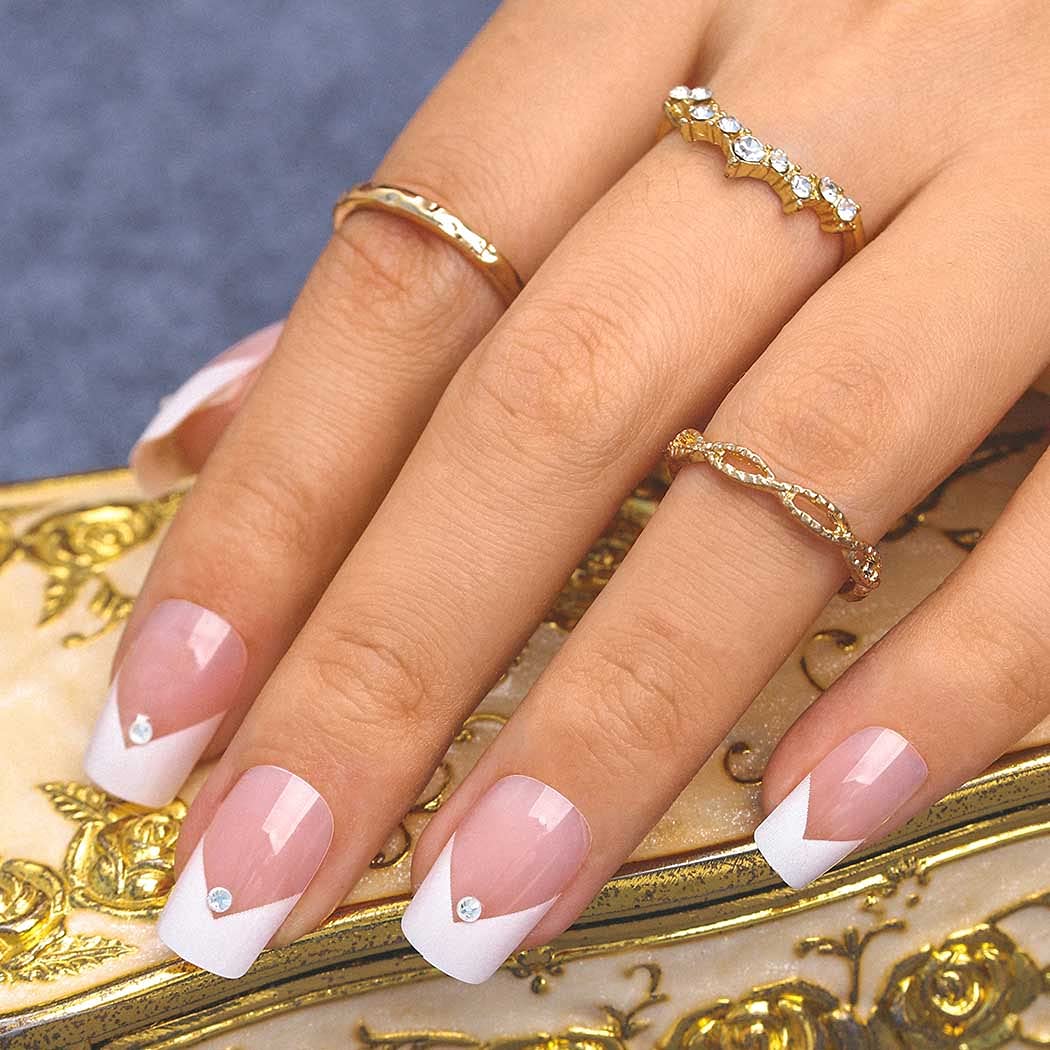 Sethexy Short Square Fake Nails French Ballerina Rhinestone False Nails Glossy Stick on Nails 24Pcs Acrylic Art Press on Nail Tips for Women and Girls