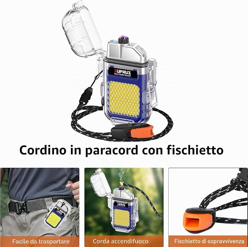 Accendino luminoso impermeabile, 3 modalità, torcia, antivento, doppio arco, accendino elettrico ricaricabile, accendino al plasma Dual Arc con fischietto di emergenza per la sopravvivenza e