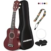 MOSEN 21 Inch Soprano Ukulele Beginner Kit with Strap for New Learners | Portable Travel Mini Guitar Bundle Including Gig Bag, Strap, Picks, Nylon Strings, Great Gift for Learners, Brown