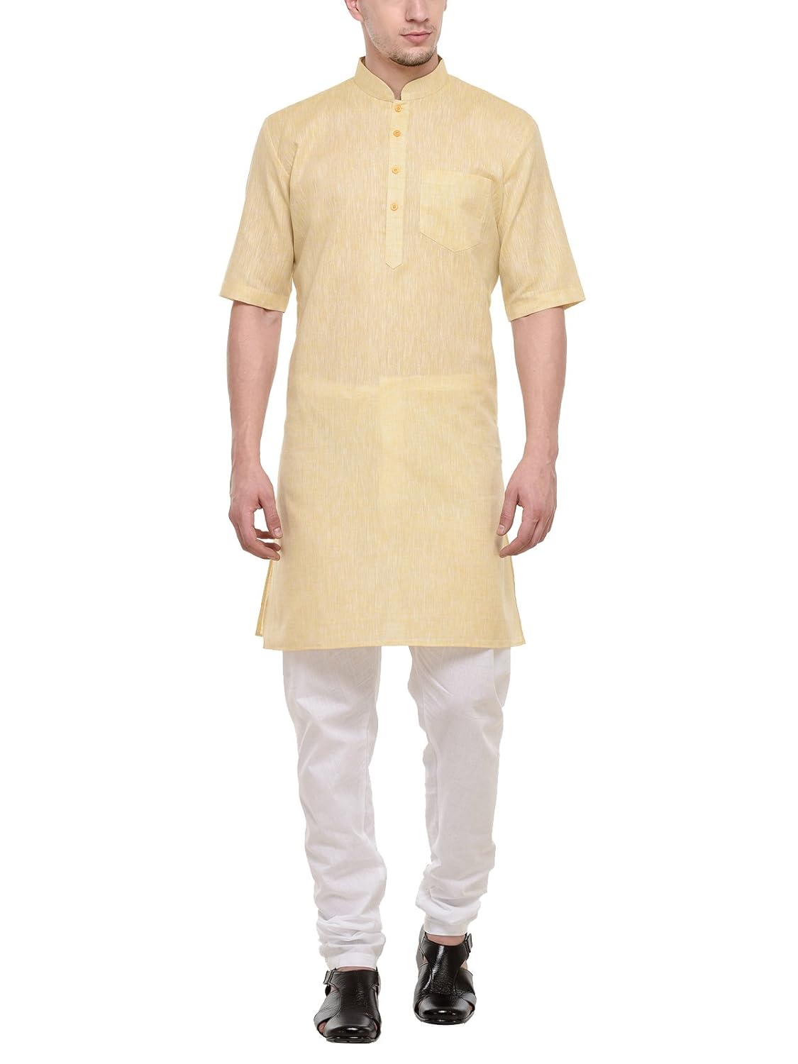 rg designers 3/4 sleeves yellow & white modi kurta & pyjama set for men