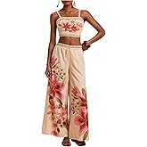 SweatyRocks Women's 2 Piece Sets Floral Print Tie Back Crop Top and Wide Leg Pants Boho Vacation Outfits