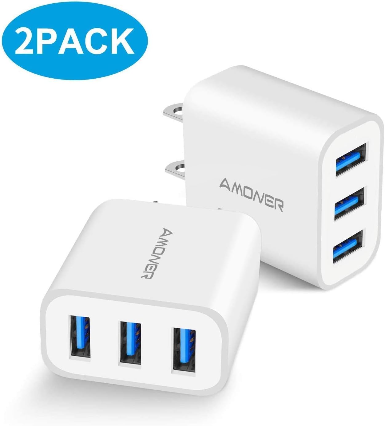 Wall Charger, Amoner Upgraded 2Pack 15W 3-Port USB Plug Cube Portable Wall Charger Plug for iPhone Xs/XS Max/XR/X/8/7/6/Plus, iPad Pro/Air 2/Mini 2, Galaxy9/8/7, Note9/8, LG, Nexus and More