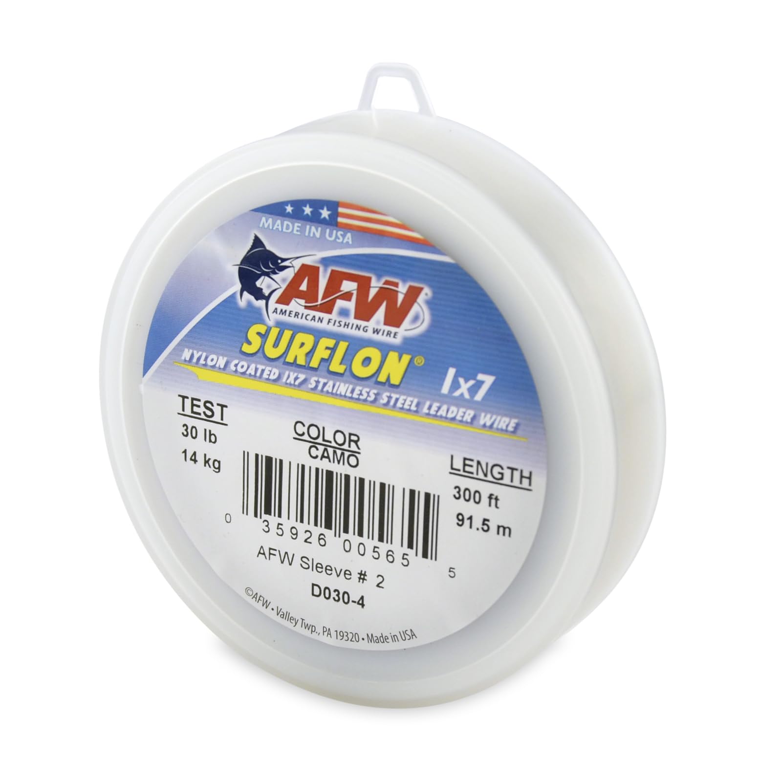 American Fishing Wire Surflon, Nylon Coated 1x7 Stainless Steel Leader Wire, 30 lb Test, 024" Diameter, Camo, 300 ft