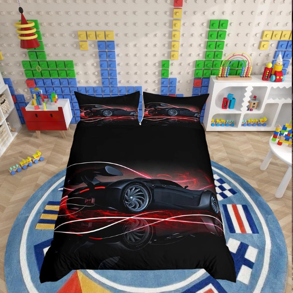 Black Red Car Duvet Cover Set Single Size for Boys Kids Teens Men Speed Sports Car Bedding Set Boys Comforter Cover with 1Pillow Shams Zipper Ultra Soft Microfiber Automobile Bedspread Cover