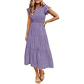 ZESICA Women's 2026 Summer Casual Flutter Short Sleeve Crew Neck Smocked Elastic Waist Tiered Midi Dress