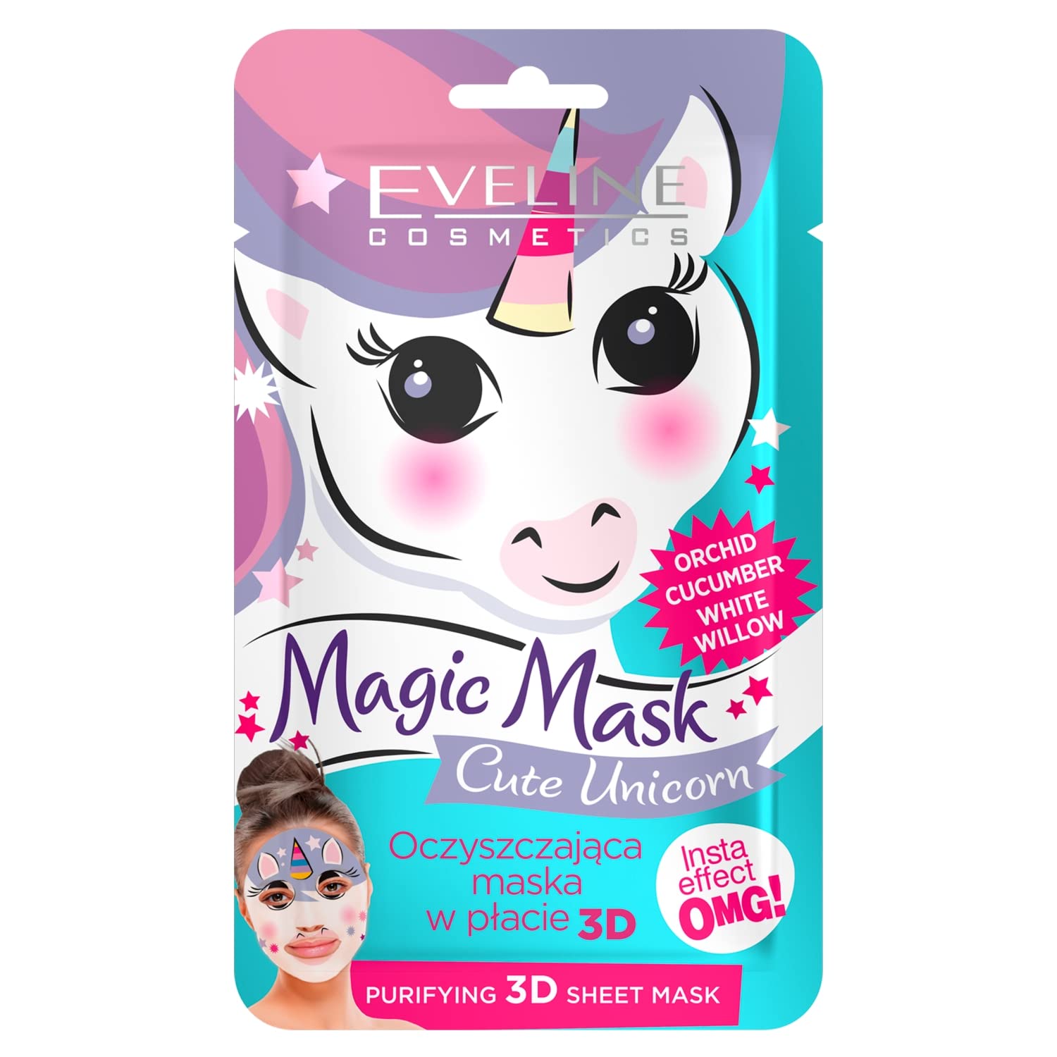 Eveline Cosmetics Magic Mask Eveline Cosmetics 3D Cute Unicorn Purifying Sheet Mask – Trendy Skincare with White Willow, Cucumber & Orchid Extracts, Vegan