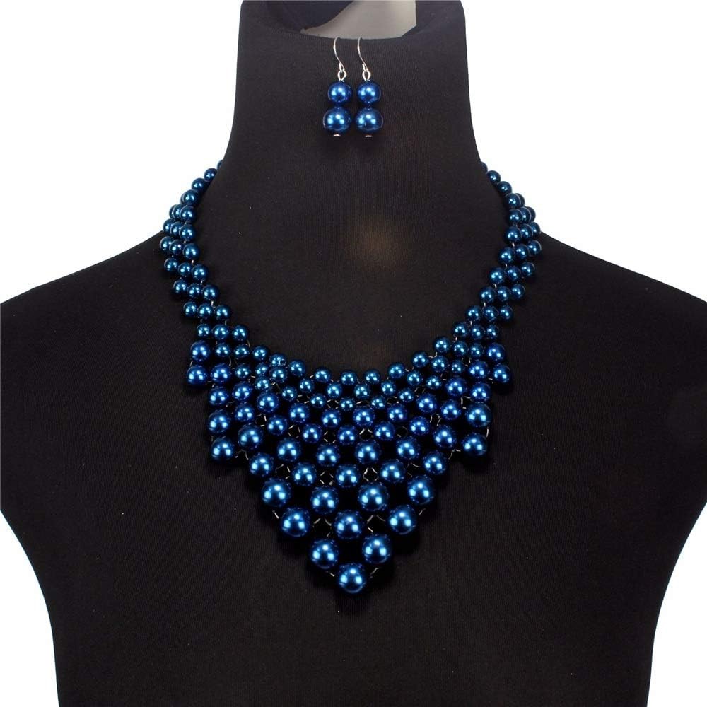 Wuxingqing Necklace and Earring Jewellery Set Triangle Shape Artificial Pearl Classic Imitation Pearl Necklace And Earrings Jewelry Set Six Colors Optional Jewelry Sets for Women (Color : Blue)