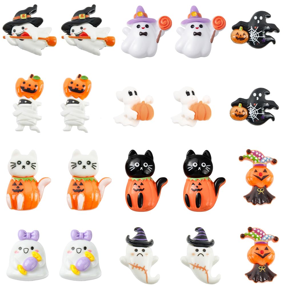 SUNNYCLUE 60Pcs 10 Styles Ghost Resin Charms Halloween Cabochons Bulk Assorted Holiday Ghosts Pumpkins Cats Mummy Witch Hat Spooky Horror Flatback Cabochon for DIY Jewellery Making Embellishment