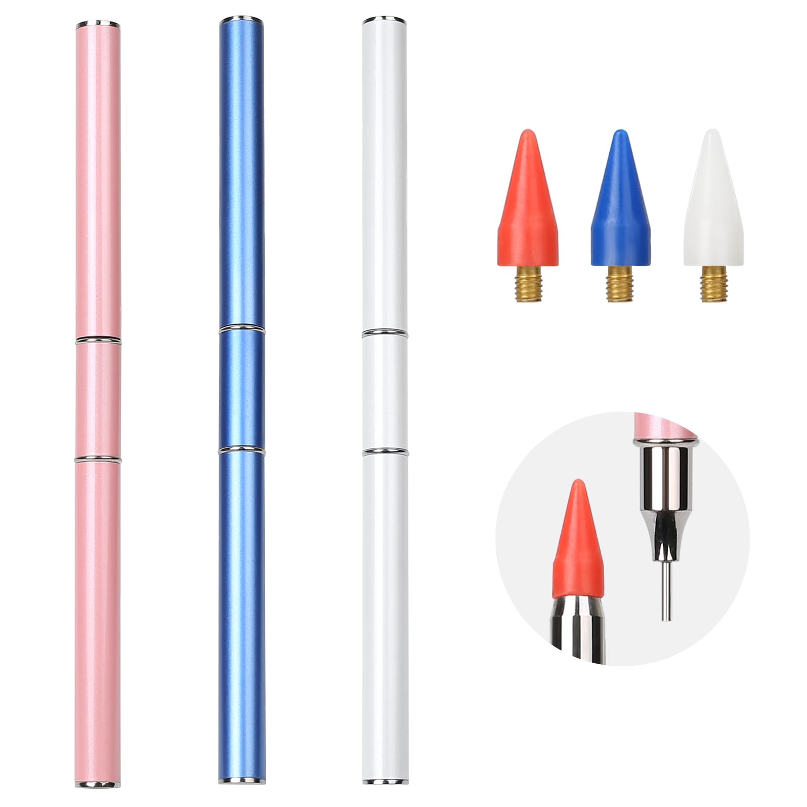 Omsscun 3 Pcs Rhinestone Picker Tool, Dual-Ended Rhinestone Pen, Rhinestone Applicator, Gem Pick up Tool with Wax and Stainless Steel Heads for DIY, Nail Art, Diamond Painting (White + Pink + Blue)