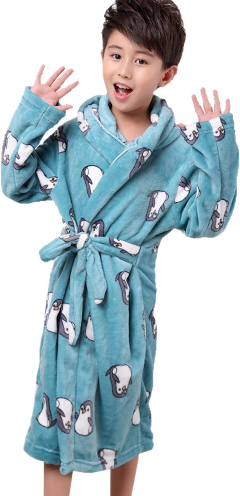 Boys Girls Hooded Dressing Gown Unisex Kids Bathrobes Soft Flannel Robe Pyjamas Autumn Winter Sleepwear