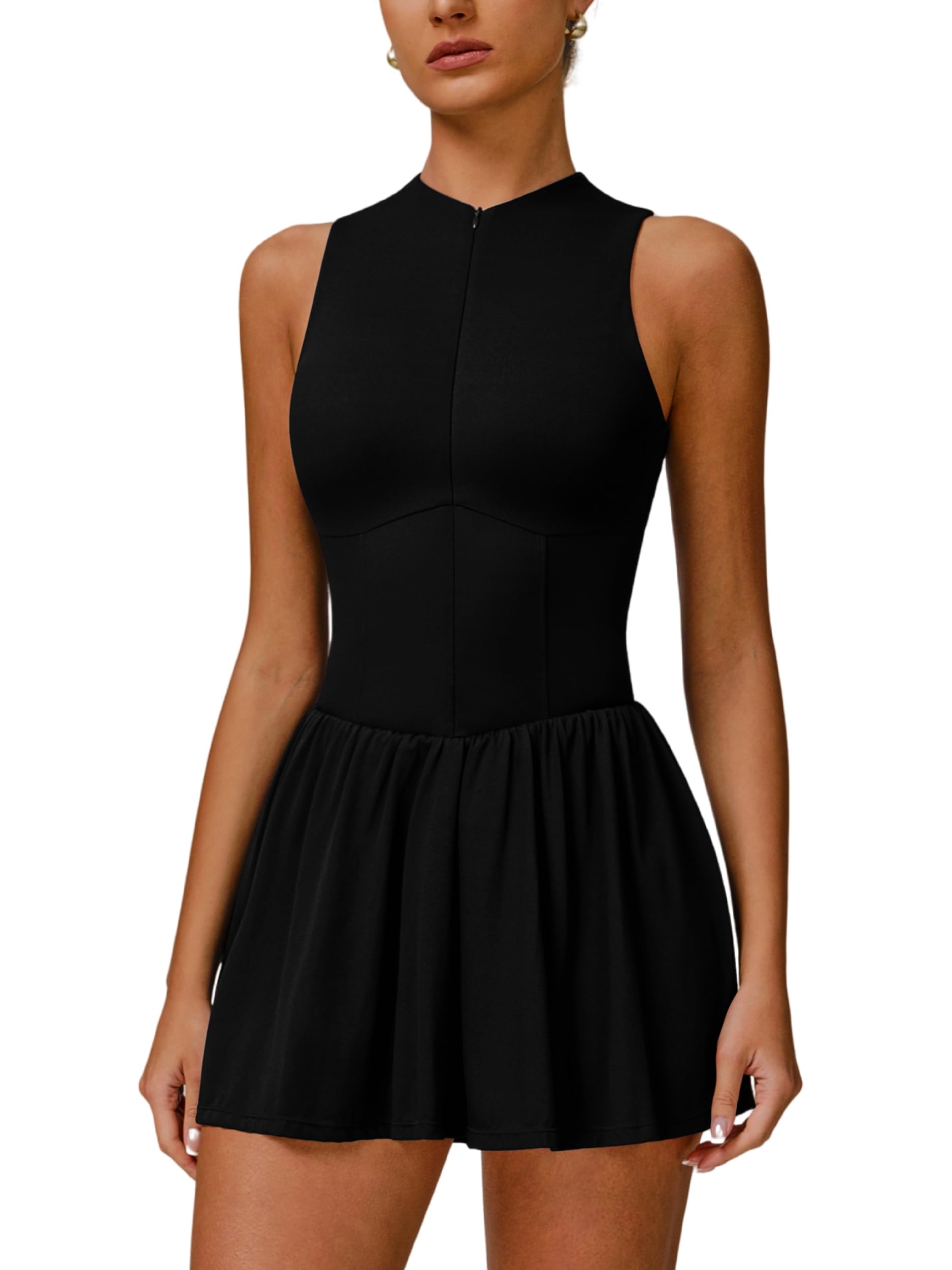 Photo 1 of ABOCIW Tennis Dress with Built-in Shorts High Neck Sleeveless Zip Front Athletic Dress for Women's Workout & Exercise Golf Dresses with Pockets Black Medium