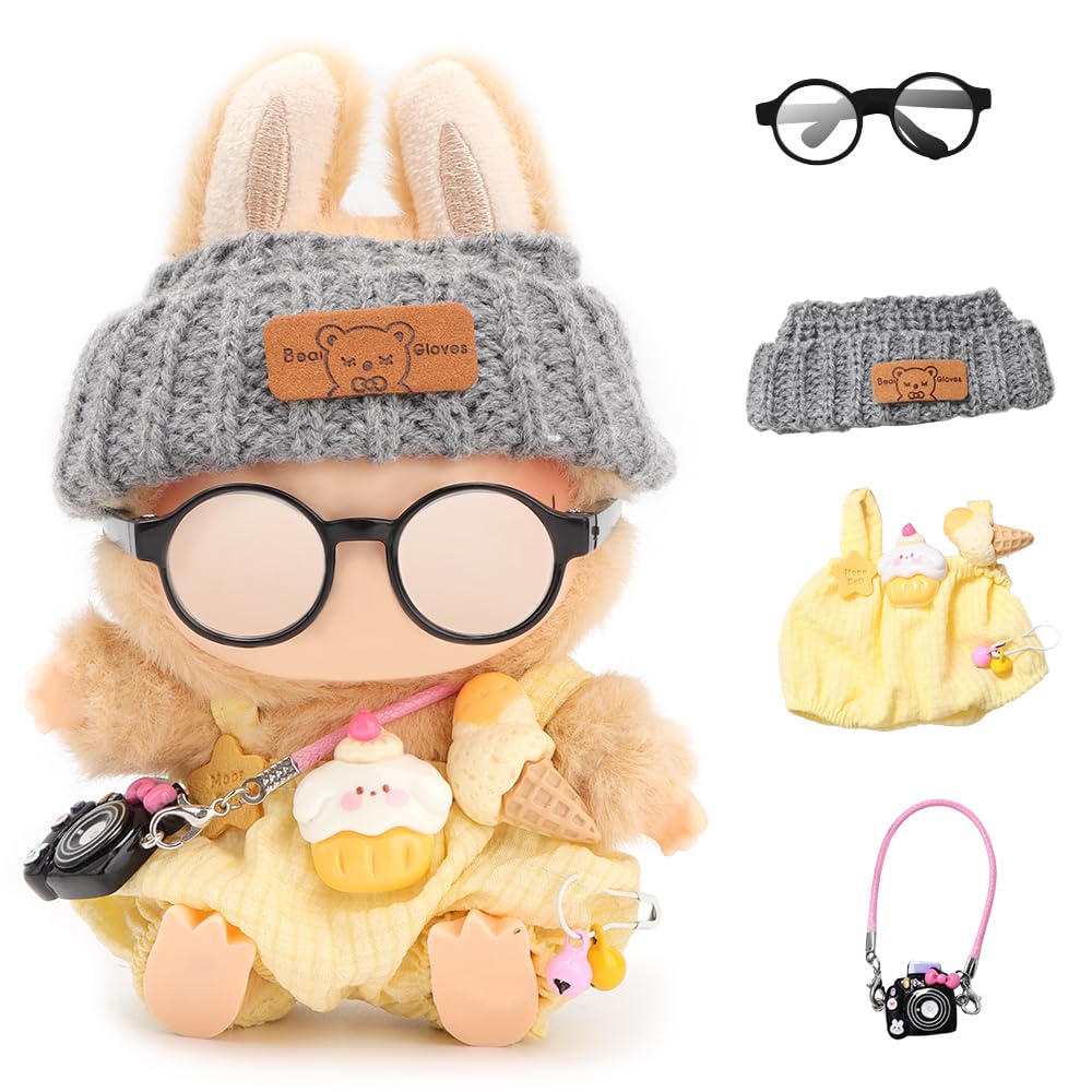 Doll Outfits for 17cm Plush Pendant Blind Box Figures,Hat and Overalls Set for Blind Box Doll,come with Glasses,Blind Box Figures Clothes Decoration Accessories (Yellow)