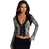 RARITYUS Women's Sheer Floral Lace Flare Long Sleeve Tops Sexy Deep V Neck Button Down Blouse Slim Crop Top T Shirt