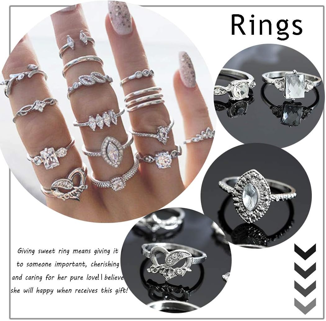 Graeen Knuckle Rings Heart Stackable Ring Leaf Finger Ring Set Silver Stacking Rings for Women and Girls(Pack of 15)(Style 3): Clothing