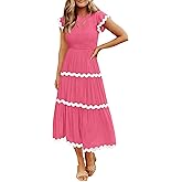 ZESICA Womens Summer Casual Smocked Midi Dress 2026 Flutter Short Sleeve High Waist Tiered Flowy Boho Vacation Dresses